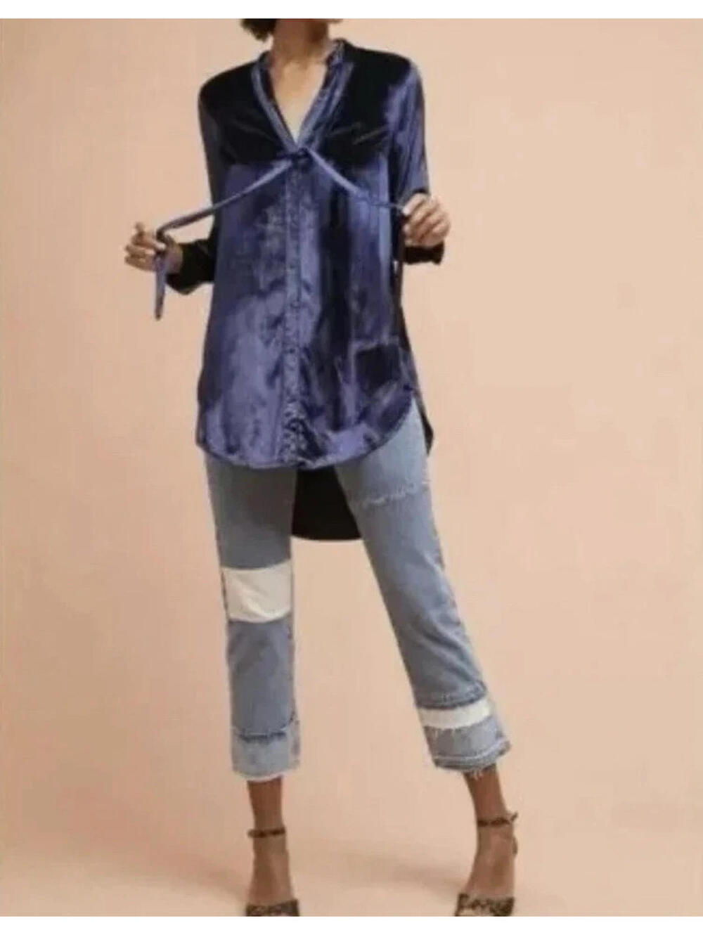 Anthropologie Maeve Women’s Navy Blue Velvet Tie Neck Button Up Tunic Top Sz 6